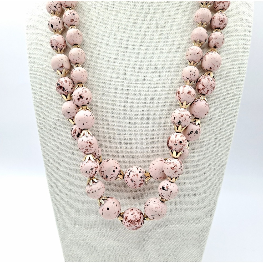 Vintage Speckled Bead Necklace Gold-Tone Pink Double Strand Graduated Hong Kong - Picture 4 of 11